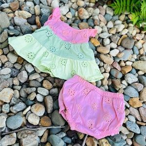 Pink and Green Eyelet Baby Dress Set